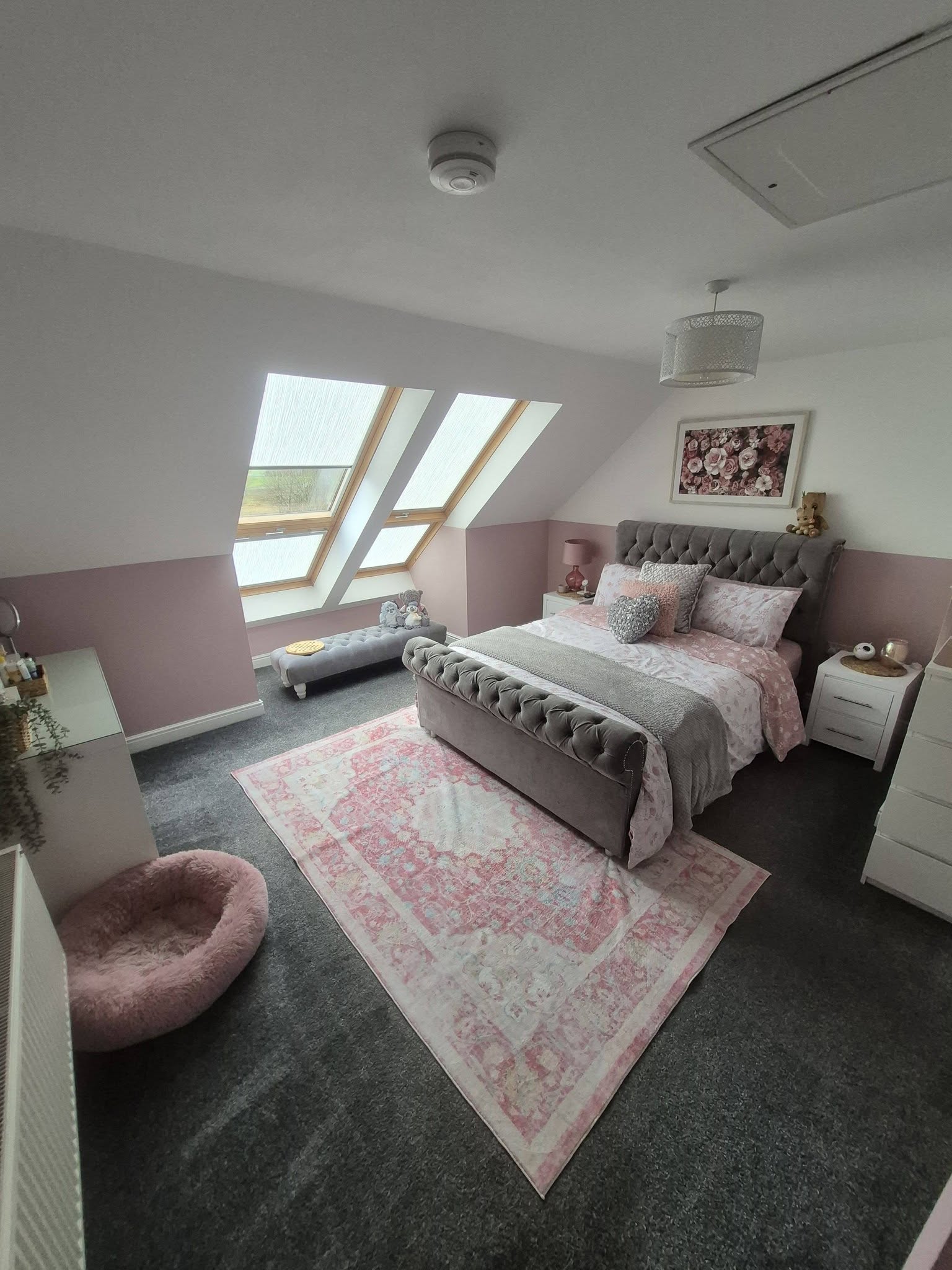 Freshly cleaned pink and grey bedroom